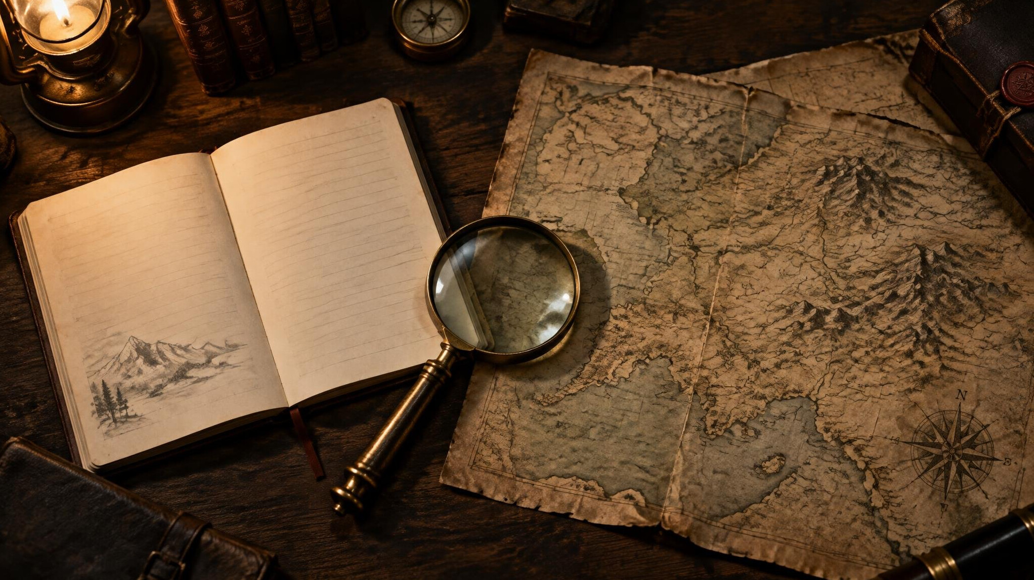 Open notebook with a magnifying glass and old map on a desk