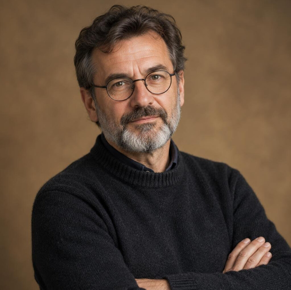 Studio portrait of a middle-aged Croatian man writer with glasses