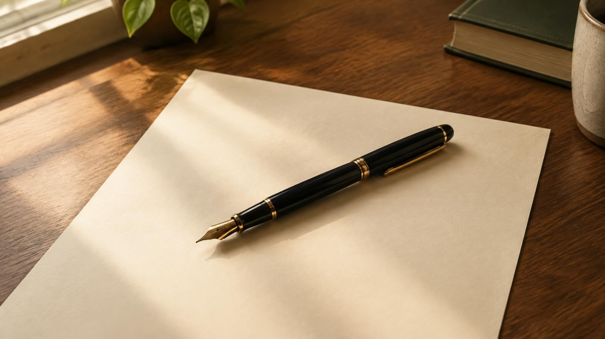Fountain pen resting on blank cream paper with soft light