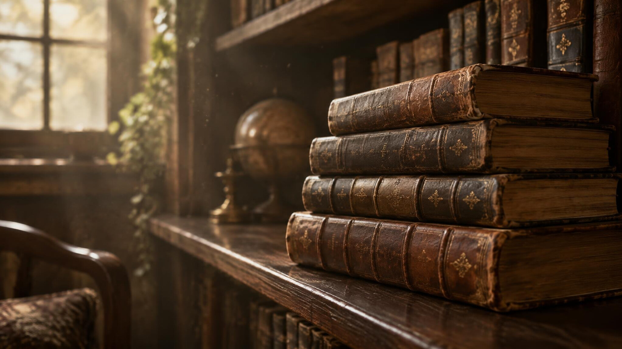 Stack of old books on a wooden shelf in soft light