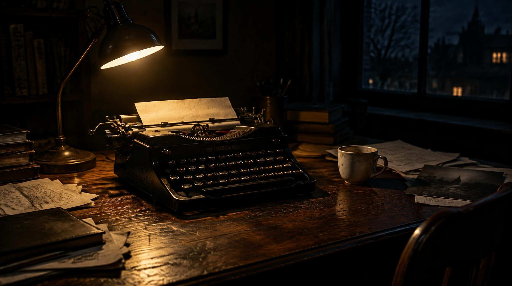Old typewriter on a wooden desk at night with a single lamp
