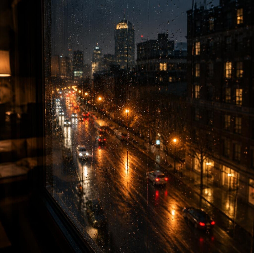 Rain-streaked window overlooking a dim city street at night
