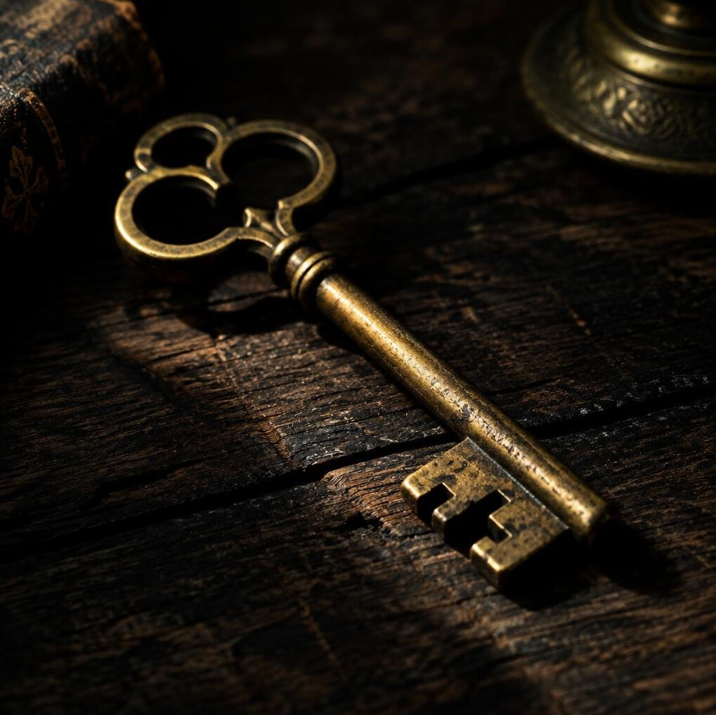 Close-up of an antique brass key on dark wood