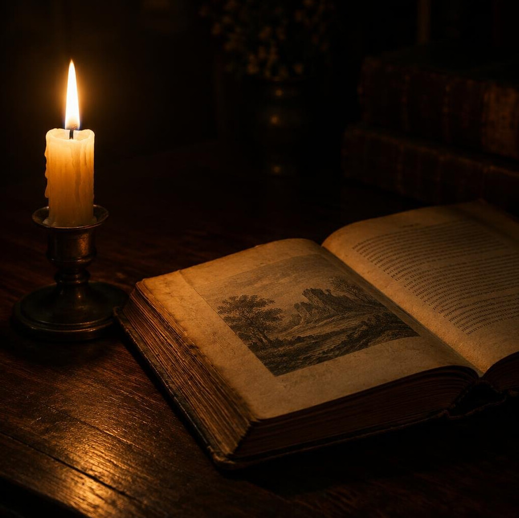Lit candle beside an open old book on a wooden table
