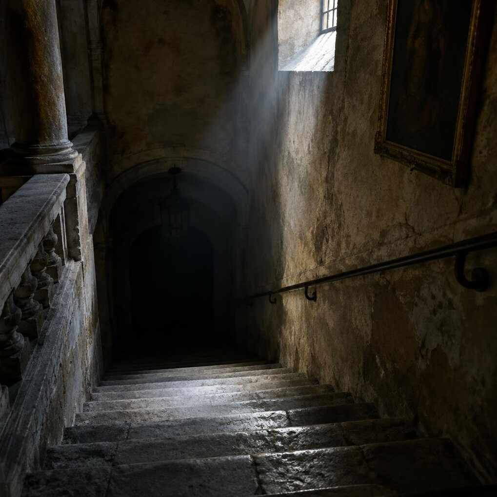Old stone staircase descending into shadow